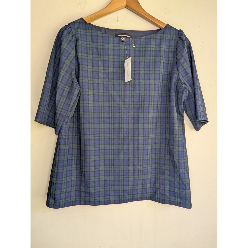 BANANA REPUBLIC Tartan Puff Sleeve Shirt Womens‎ Medium Blue Preppy Office NWT - Picture 3 of 6